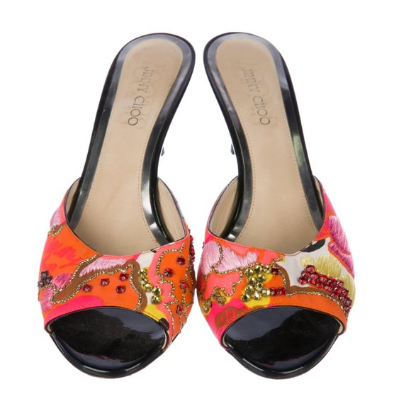 Jimmy Choo Shoes - Jimmy Choo Floral Print Chain-Link Accents Slides; Size 8.5 (IT 38.5)